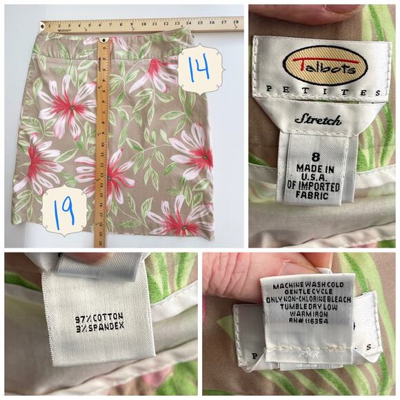 Talbots Skirt Womens Sz 8P Tan Pink Green Tropical Floral Cotton Blend Stretch - Picture 6 of 6